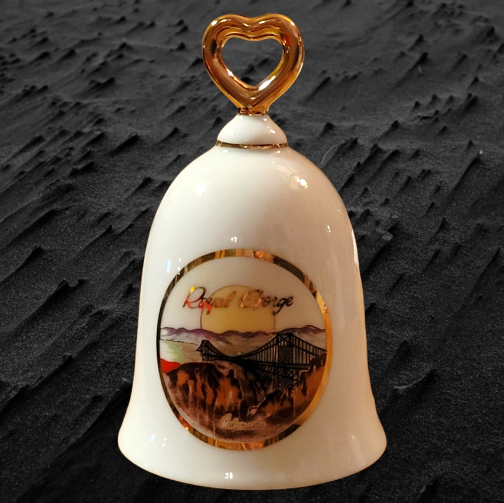 Vtg White Porcelain Bell Royal Gorge Colorado State Gold Trim Heart